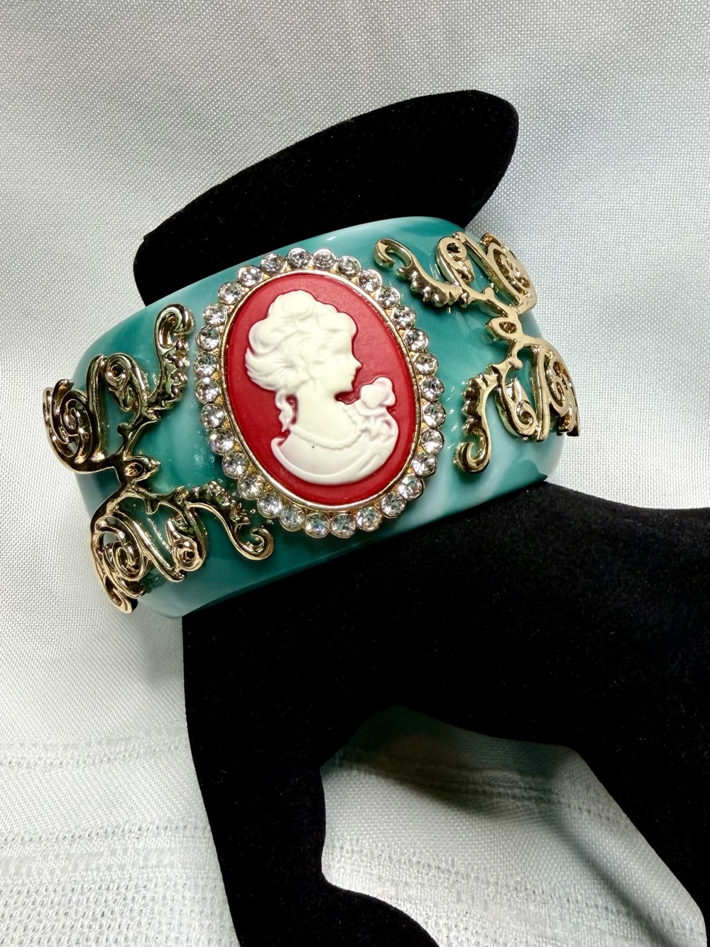 Vintage Clamper Cuff Bracelet Embellished‎ Cameo Scrolls Rococo Amedeo-Style